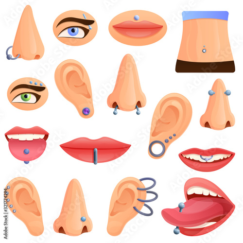 Piercing icons set. Cartoon set of piercing vector icons for web design