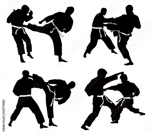 Set of four silhouettes in a karate sport match