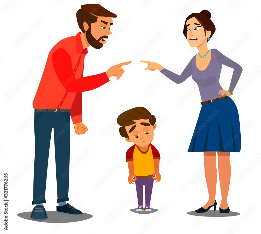 Divorce. Family conflict. Couple man and woman swear and child close his ears. Cartoon characters. Divorce. Family conflict. Couple man and woman swear and child close his ears. Cartoon characters.