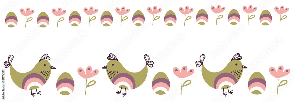 Easter background with birds, eggs, flowers . Hand drawn Vector illustration. Doodle Banner for social networks and other