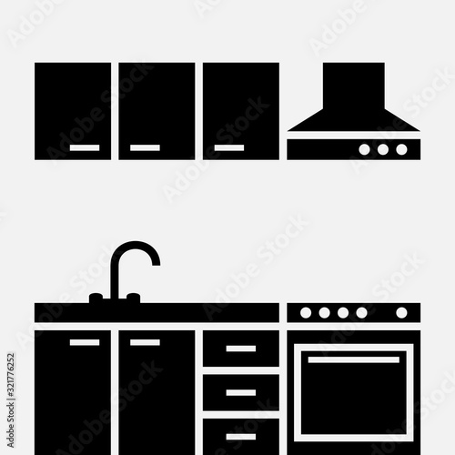 Kitchen room icon with cooker, hood, sink and furniture