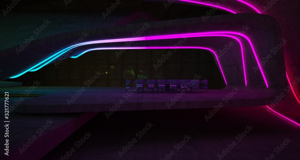 Abstract architectural concrete and rusted metal interior of a minimalist house with colored neon lighting. 3D illustration and rendering. Abstract architectural concrete and rusted metal interior of a minimalist house with colored neon lighting. 3D illustration and rendering.