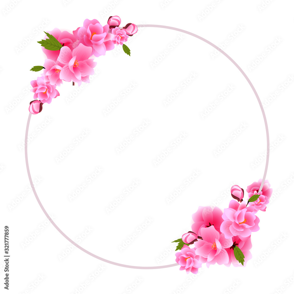 Sakura clipart. Bouquet of blooming cherry with purple flowers and buds. illustration.