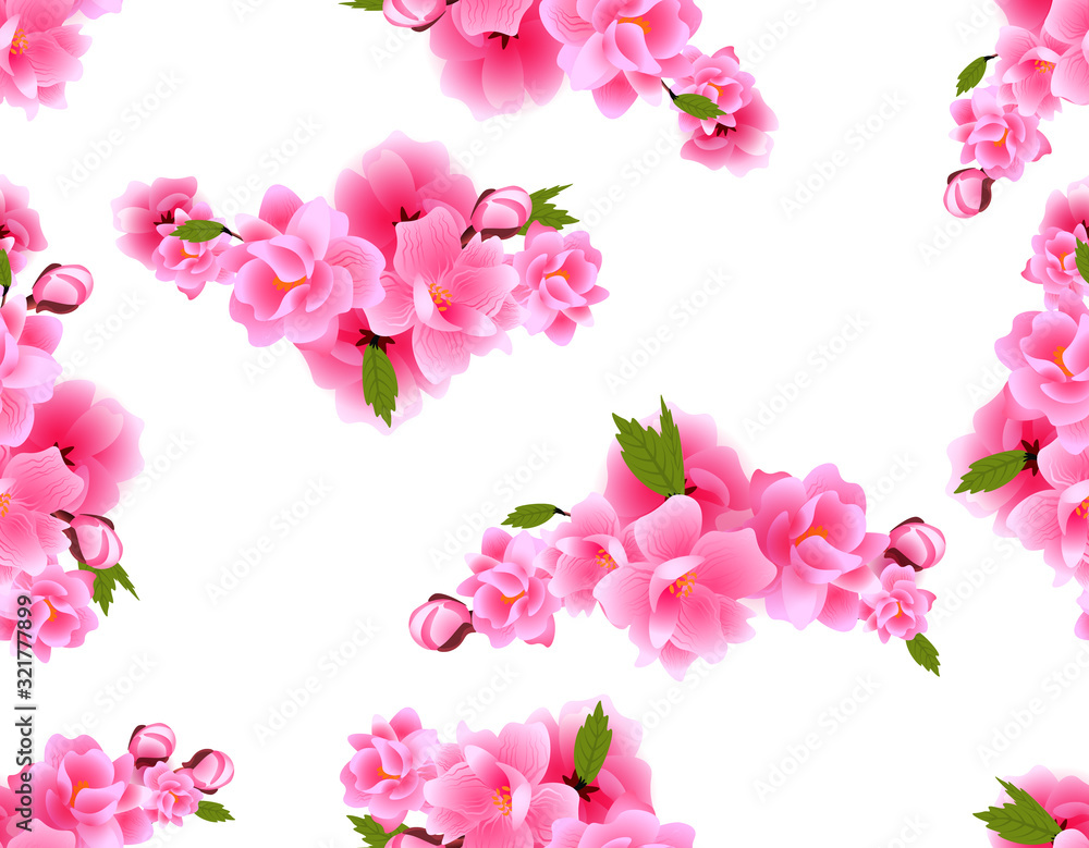 Sakura seamless. Bouquets of cherry blossoms with purple flowers and buds. illustration