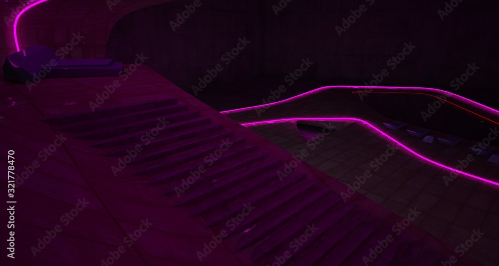 Fototapeta premium Abstract architectural concrete and rusted metal interior of a minimalist house with colored neon lighting. 3D illustration and rendering.
