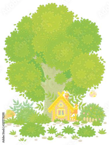 Small wooden house from a fairytale with Easter decorations, a porch and a fence under a big branchy tree on a pretty forest glade, vector cartoon illustration