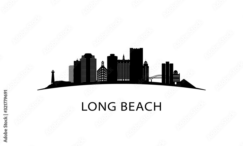 Long Beach city skyline. Black cityscape isolated on white background. Vector banner.