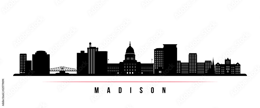 Madison skyline horizontal banner. Black and white silhouette of Madison, Wisconsin. Vector template for your design.