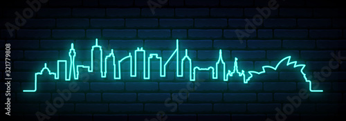 Blue neon skyline of Sydney city. Bright Dallas long banner. Vector illustration.
