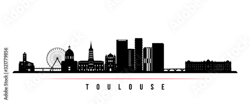 Toulouse skyline horizontal banner. Black and white silhouette of Toulouse, France. Vector template for your design.
