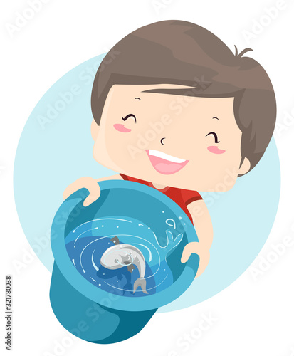 Kid Boy Fish Pail Illustration