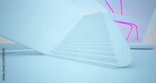 Abstract architectural white interior of a modern villa on the sea with colored neon lighting. 3D illustration and rendering.