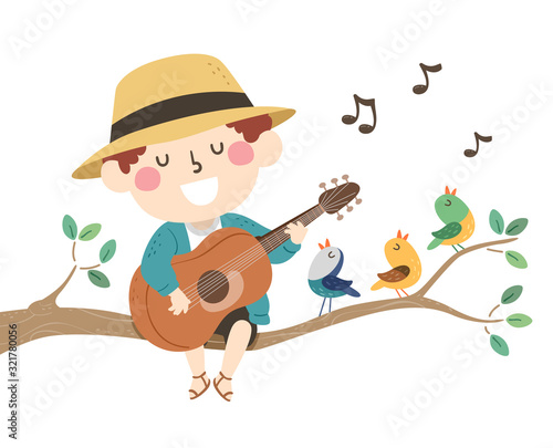 Kid Boy Spring Birds Sing Illustration
