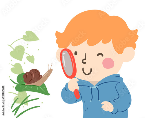 Kid Boy Spring Observe Garden Snail Illustration