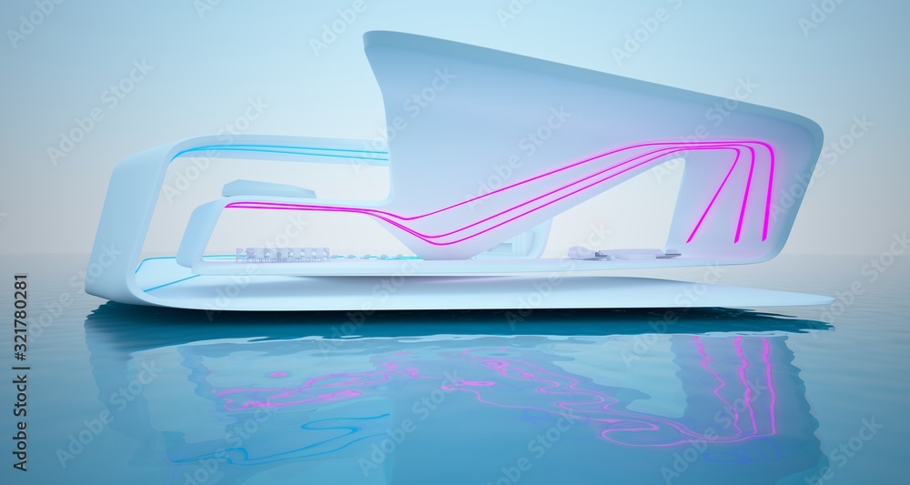 Abstract architectural white interior of a modern villa on the sea with colored neon lighting. 3D illustration and rendering. Abstract architectural white interior of a modern villa on the sea with colored neon lighting. 3D illustration and rendering.