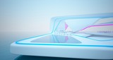 Abstract architectural white interior of a modern villa on the sea with colored neon lighting. 3D illustration and rendering.