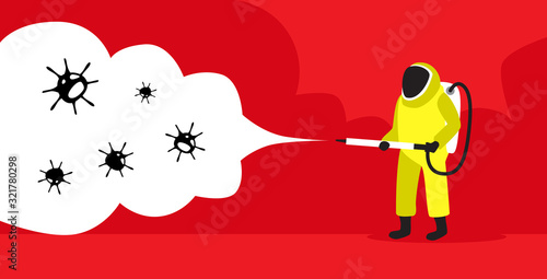 scientist in hazmat suit cleaning and disinfecting coronavirus cells epidemic MERS-CoV virus concept wuhan 2019-nCoV pandemic health risk full length horizontal vector illustration