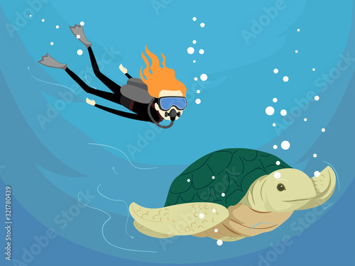 Girl Scuba Diving Sea Turtl...
