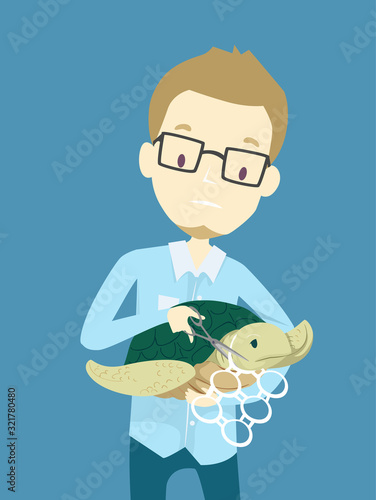 Man Sea Turtle Plastic Rings Cans Illustration
