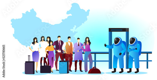 airport stuff in hazmat suits checking passengers spreading coronavirus infection epidemic MERS-CoV virus wuhan 2019-nCoV pandemic health risk concept chinese map full length horizontal vector