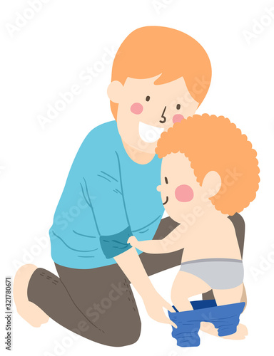 Kid Boy Man Father Son Put Pants On Illustration