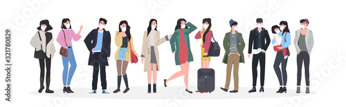 people wearing masks to prevent epidemic MERS-CoV wuhan coronavirus 2019-nCoV pandemic medical health risk men women group standing together full length horizontal vector illustration
