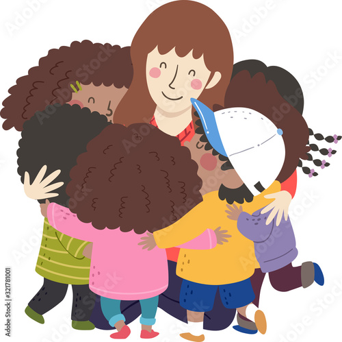 Kids Black Hug Teacher Illu...