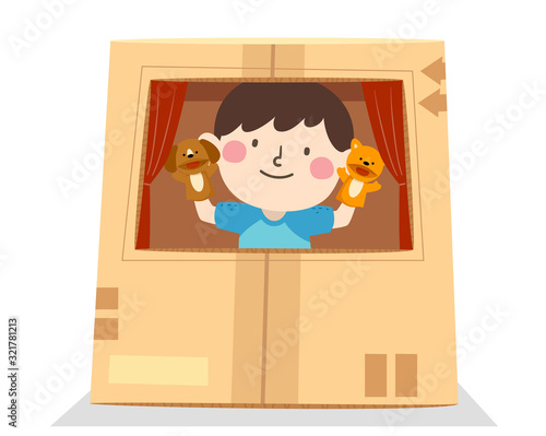 Kid Boy Play Puppet Inside ...