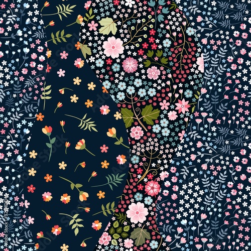 Patchwork seamless pattern. Wavy design from floral patches. Beautiful print for fabric and textile.