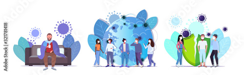 set epidemic MERS-CoV virus wuhan coronavirus 2019-nCoV pandemic medical health risk concepts collection full length horizontal vector illustration