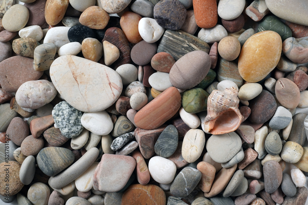 Gravel pattern of colored stones with shell. Abstract nature pebbles background.Small sea stones on the beach, vacation at sea. Top view Gravel pattern of colored stones with shell. Abstract nature pebbles background.Small sea stones on the beach, vacation at sea. Top view