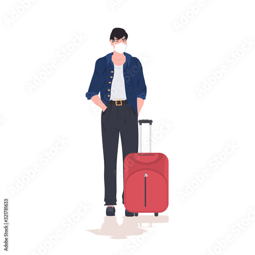 woman traveler wearing mask to prevent epidemic MERS-CoV wuhan coronavirus 2019-nCoV pandemic medical health risk full length vector illustration