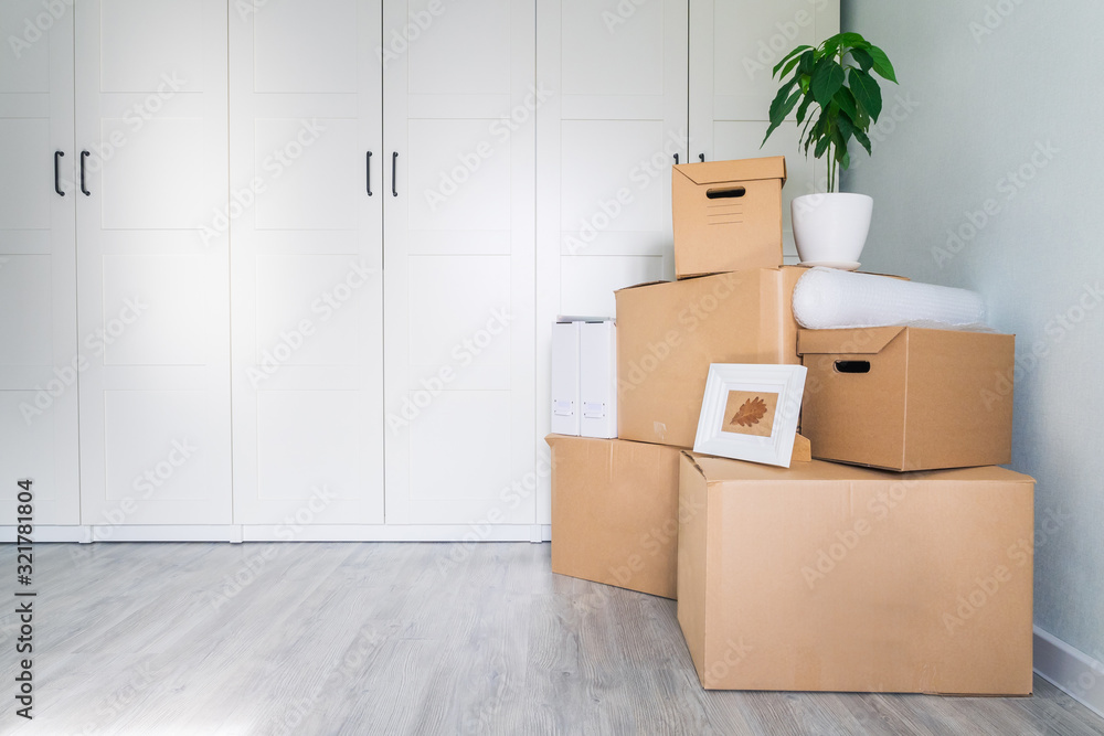 Fototapeta premium A lot of cardboard boxes with things to move. Check-in to a new apartment or office. Flower in a pot, frame and documents collected for moving