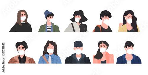 set people wearing mask to prevent epidemic MERS-CoV wuhan coronavirus 2019-nCoV pandemic medical health risk men women cartoon characters collection portrait horizontal vector illustration
