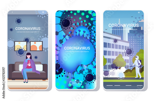 set epidemic MERS-CoV virus wuhan coronavirus 2019-nCoV pandemic medical health risk concepts collection smartphone screens mobile app full length copy space horizontal vector illustration