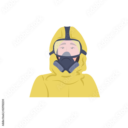 man in hazmat suit and protection mask to prevent epidemic MERS-CoV wuhan coronavirus 2019-nCoV pandemic medical health risk portrait vector illustration © mast3r