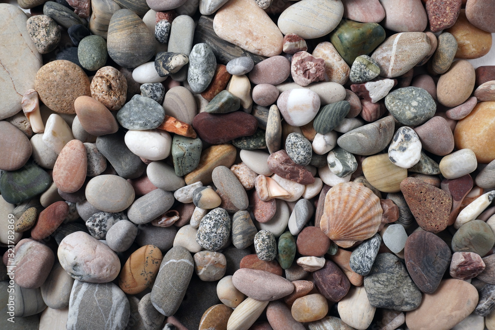 Gravel pattern of colored stones with shell. Abstract nature pebbles background.Small sea stones on the beach, vacation at sea. Top view Gravel pattern of colored stones with shell. Abstract nature pebbles background.Small sea stones on the beach, vacation at sea. Top view