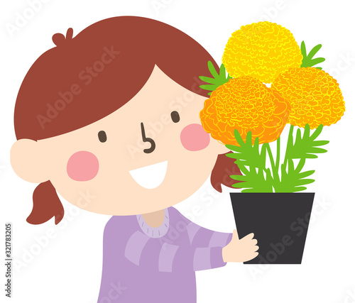 Kid Girl Marigold Flowers Altar Illustration