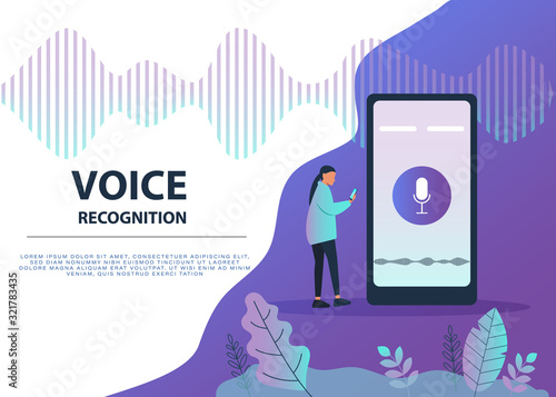 Male character using voice control for his phone. Isolated vector illustration of voice remote with character and phone