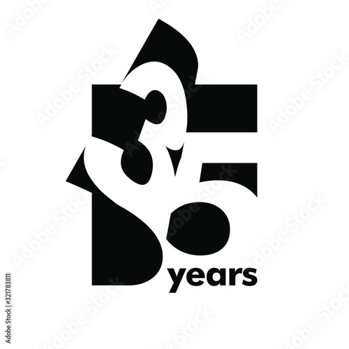 Isolated abstract logo 35 years. In the form of an open book, magazine. Happy greeting card for the 35 th birthday. Black color writing on white background.