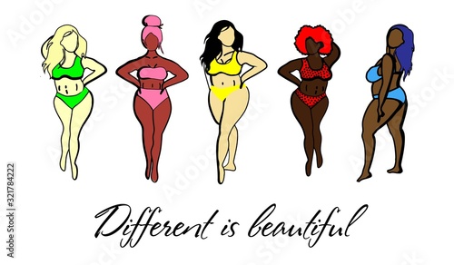 Women with different skin colors. Afroamer Ikan, European, Asian, Scandinavian. Body positive concept. Any body is beautiful. Motivational inscription. Women in swimsuits isolated on a white backgroun