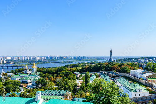 View on Church of Nativity of Blessed Virgin Mary of the Kiev Pechersk Lavra, river Dnieper, Kiev cityscape and monument of Mother Motherland