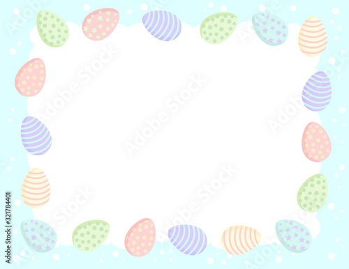 Postcard template with Easter eggs in pastel colors. Printable stationary mockup with cute Ostara colored eggs frame composition.