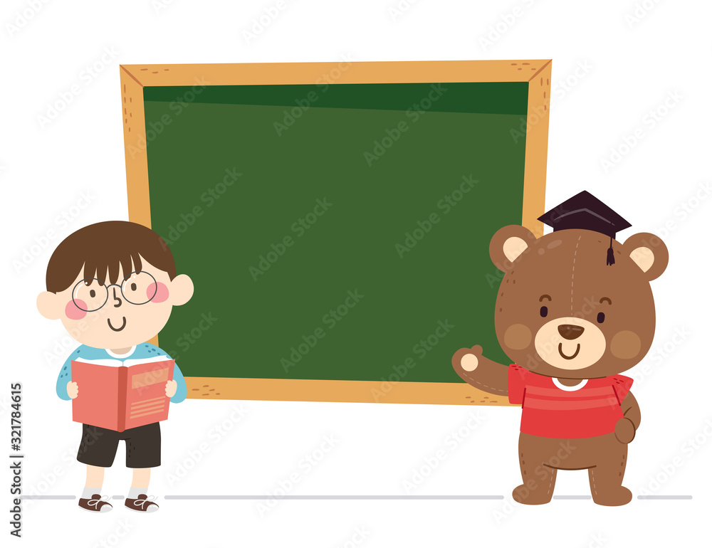 Kid Boy Teddy Bear Blackboard Illustration