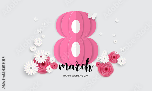 8 March. Happy Mother's Day. Paper cut Butterfly with flower holiday background