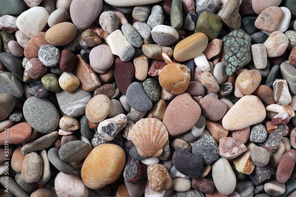 Gravel pattern of colored stones with shell. Abstract nature pebbles background.Small sea stones on the beach, vacation at sea. Top view Gravel pattern of colored stones with shell. Abstract nature pebbles background.Small sea stones on the beach, vacation at sea. Top view