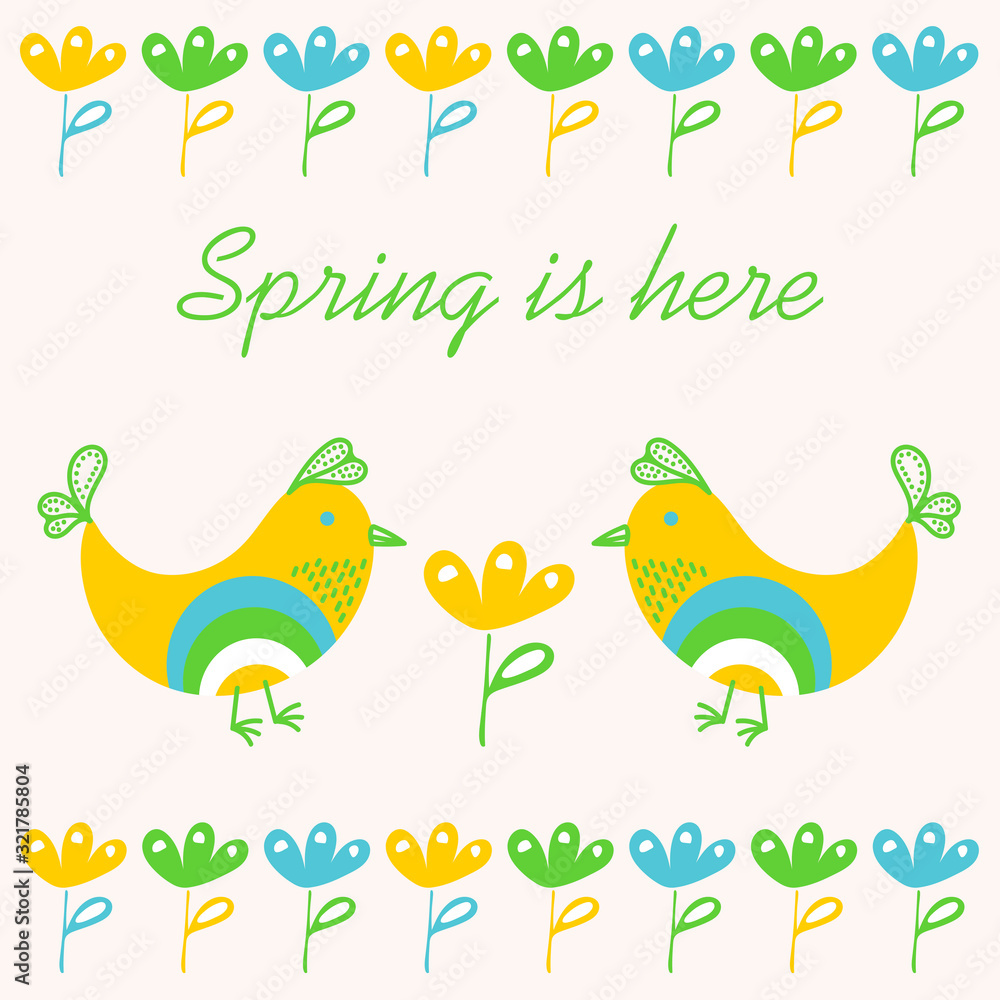 Spring background with birds and flowers . Hand-drawn vector illustration. Spring is here