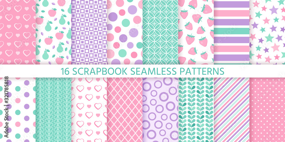 Scrapbook background, seamless pattern. Vector. Cute paper for scrap  design. Chic print with heart, polka dot, stripe, fruit, check, star.  Trendy modern texture. Color illustration. Geometric backdrop Stock Vector