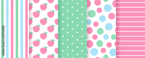 Scrapbook pattern. Seamless background for scrap design. Vector. Cute, chic print with circles, apple, polka dot and stripes. Trendy texture. Color illustration. Geometric paper pack.