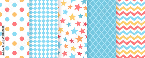 Scrapbook background. Seamless pattern for scrap design. Vector. Cute, chic print with polka dot, star, zigzag and rhombus. Trendy texture. Color illustration. Abstract geometric paper pack.